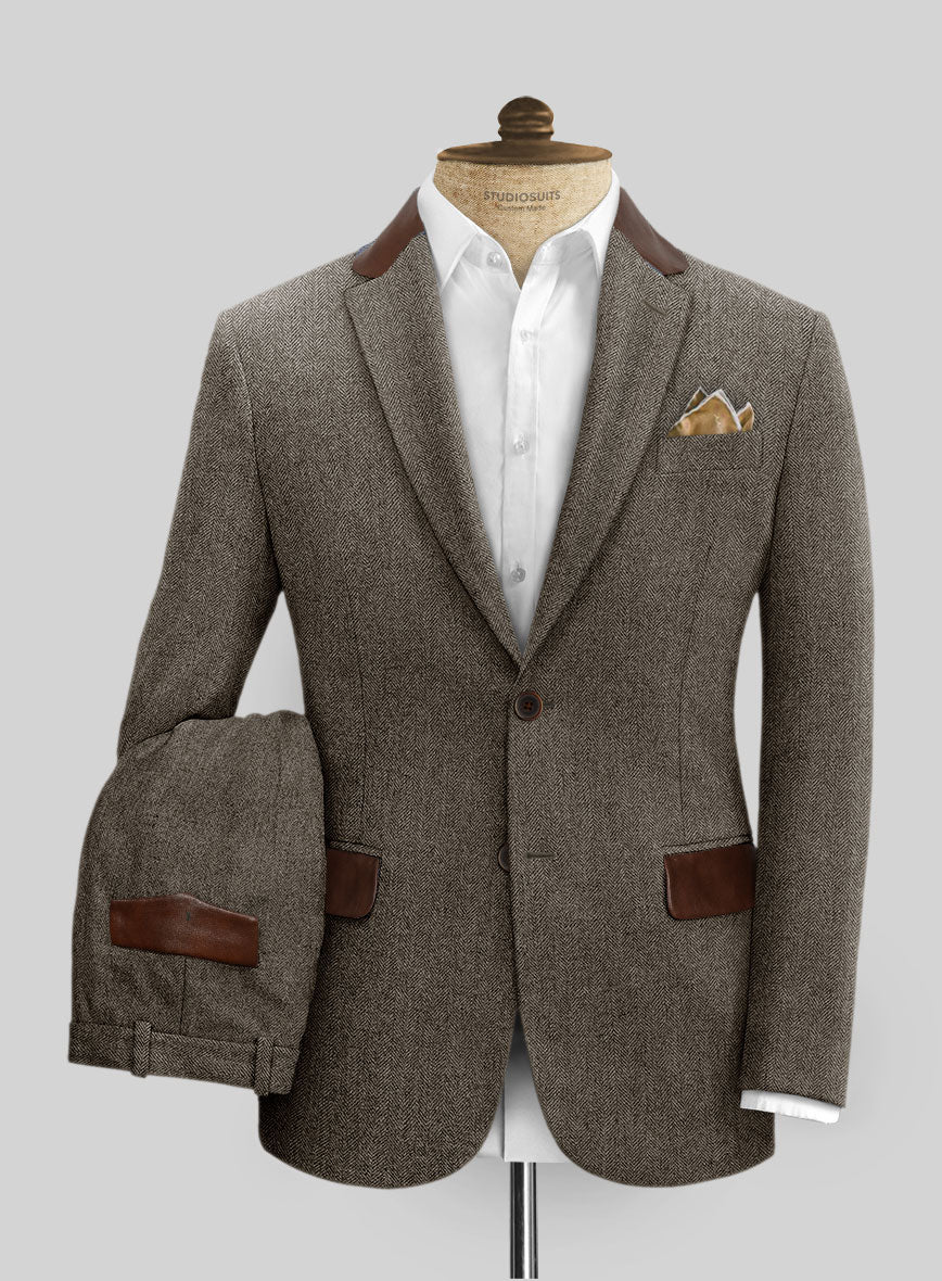 Vintage Dark Brown Herringbone Tweed Suit - Leather Trims - StudioSuits
