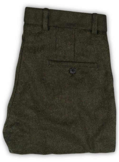 Vintage Flat Green Herringbone Tweed Pants - Pre Set Sizes - StudioSuits