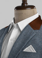 Vintage Herringbone Blue Tweed Jacket - Leather Trims - StudioSuits