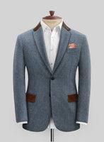 Vintage Herringbone Blue Tweed Jacket - Leather Trims - StudioSuits