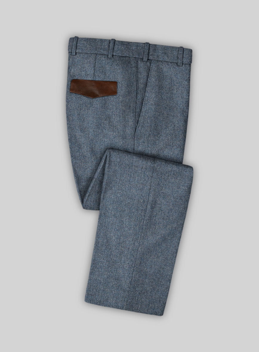 Vintage  Herringbone Blue Tweed Pants - Leather Trims - StudioSuits