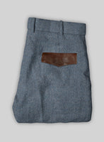 Vintage  Herringbone Blue Tweed Pants - Leather Trims - StudioSuits