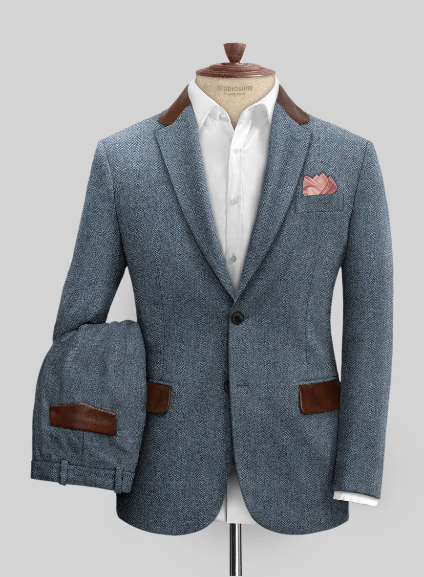 Vintage Herringbone Blue Tweed Suit - Leather Trims - StudioSuits