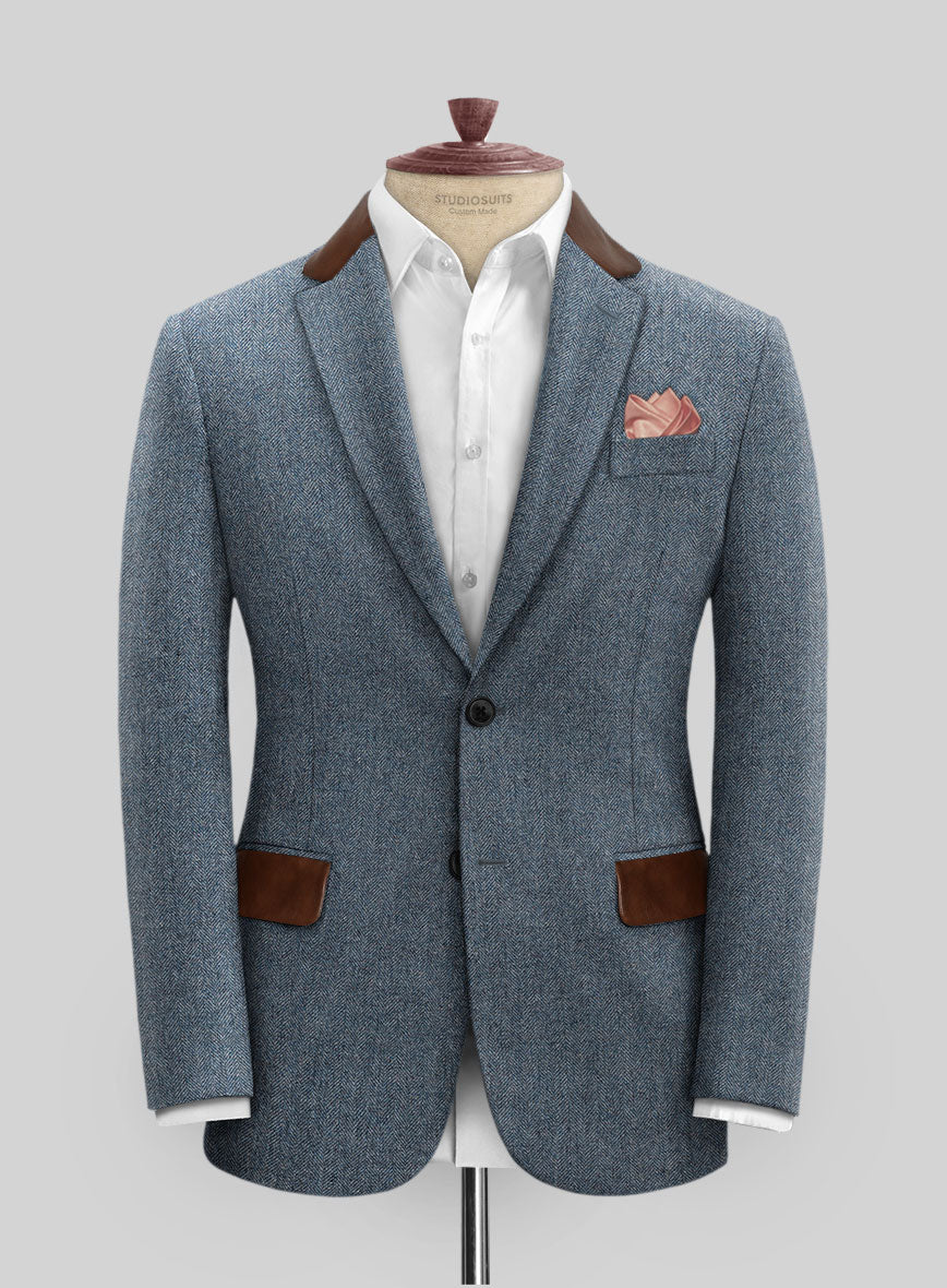 Vintage Herringbone Blue Tweed Suit - Leather Trims - StudioSuits