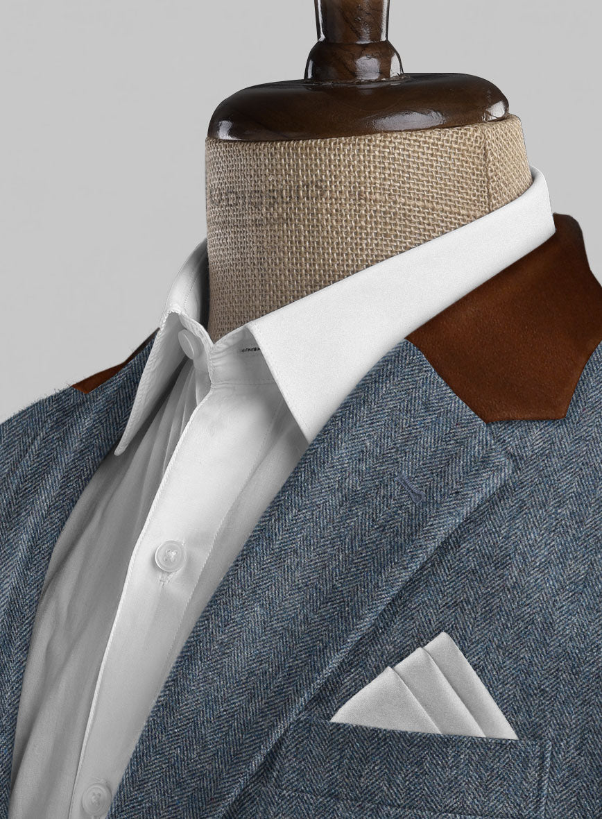 Vintage Herringbone Blue Tweed Suit - Leather Trims - StudioSuits