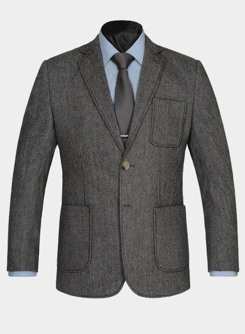 Vintage Herringbone Gray Tweed Patch Pocket Jacket - StudioSuits