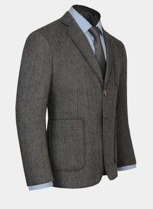 Vintage Herringbone Gray Tweed Patch Pocket Jacket - StudioSuits