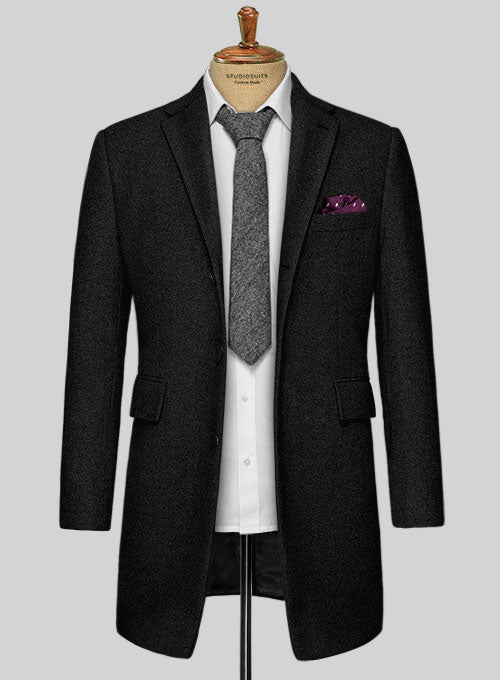 Vintage Plain Black Tweed Overcoat - StudioSuits