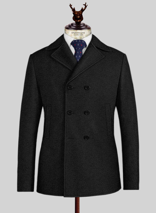Vintage Plain Black Tweed Pea Coat - StudioSuits